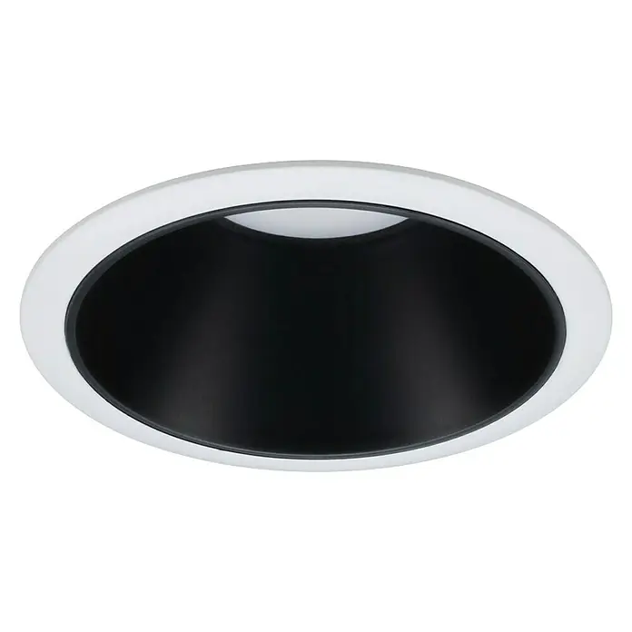 Paulmann Downlight LED empotrable Cole - 6,5 W, Blanco/Negro, Blanco cálido, 3 ud. - Primer plano de un downlight empotrado redondo con borde blanco e interior oscuro.