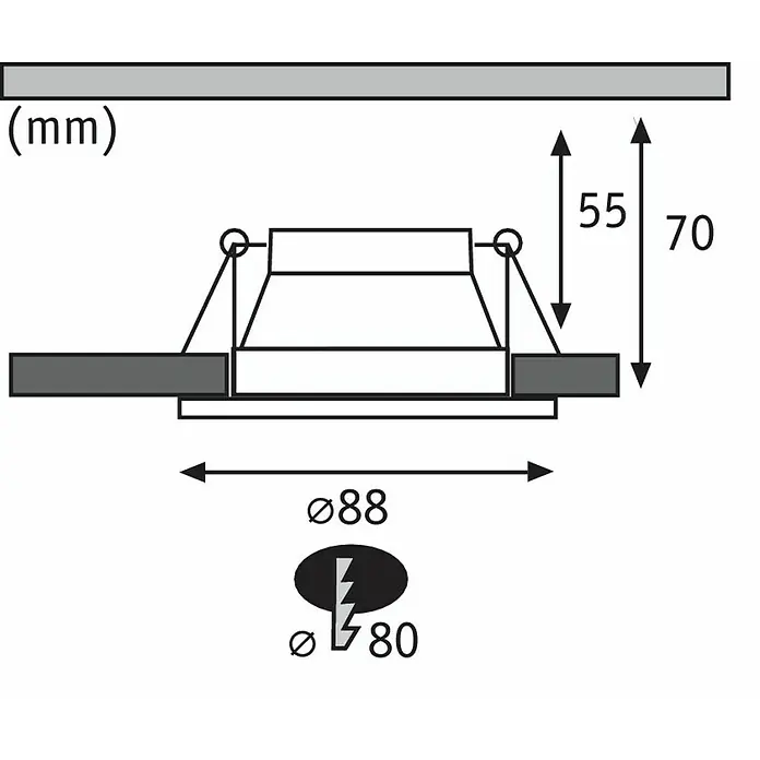 Paulmann Downlight LED empotrable Cole - 6,5 W, Blanco/Negro, Blanco cálido, 3 ud. - Diagrama de un foco empotrable con dimensiones (altura 55/70 mm, Ø 88 mm, orificio de montaje Ø 80 mm).