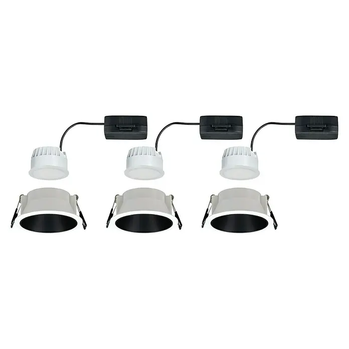 Paulmann LED-Einbauleuchte Cole - 6,5 W, Weiß/Schwarz, Warmweiß, 3 Stk. - Ein Satz von drei LED-Einbaustrahlern mit schwarzem Inneren, weißem Äußeren und separaten schwarzen Treibern.