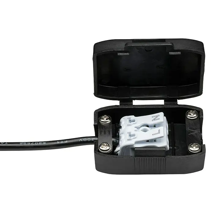 Paulmann LED-Einbauleuchte Cole - 6,5 W, Weiß/Schwarz, Warmweiß, 3 Stk. - Ein offenes schwarzes Gehäuse zeigt einen weißen Stecker mit den Markierungen "L" und "N" sowie ein angeschlossenes schwarzes Kabel.
