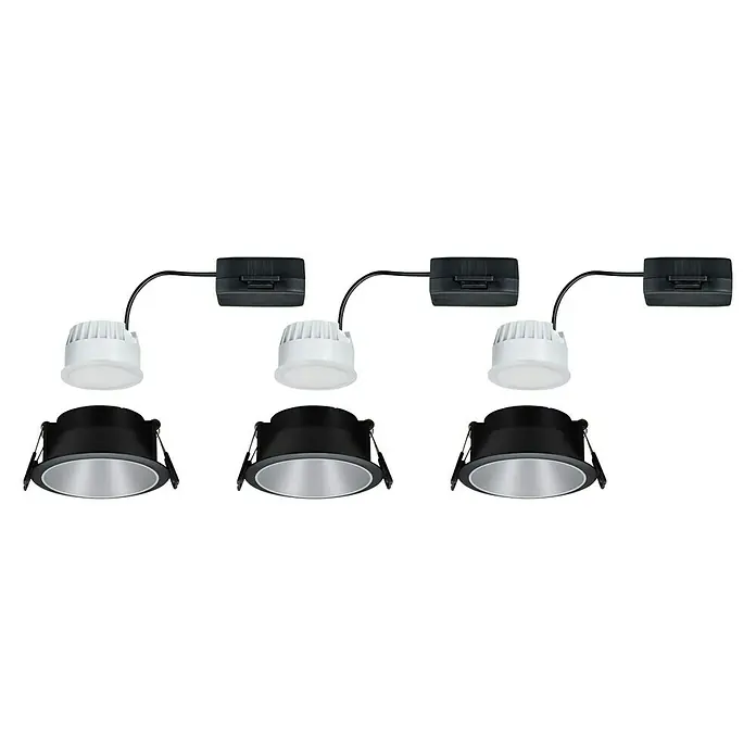 Paulmann LED-Einbauleuchte Cole - 19,5 W, Schwarz/Silber, Warmweiß, 3 Stk. - Nahaufnahme von drei LED-Deckeneinbaustrahlern mit schwarzem Gehäuse, weißen Sockeln und schwarzen Anschlussdosen auf schwarzem Hintergrund.