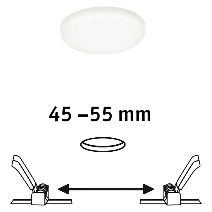 Paulmann LED-Panel rund Veluna VariFit - 4,5 W, Ø x H: 7,5 x 3,1 cm, Satin, Neutralweiß, 4.000 K - Abbildung einer runden Deckenleuchte mit einer Montageanleitung. Die Leuchte hat einen Durchmesser von 45–55 mm.