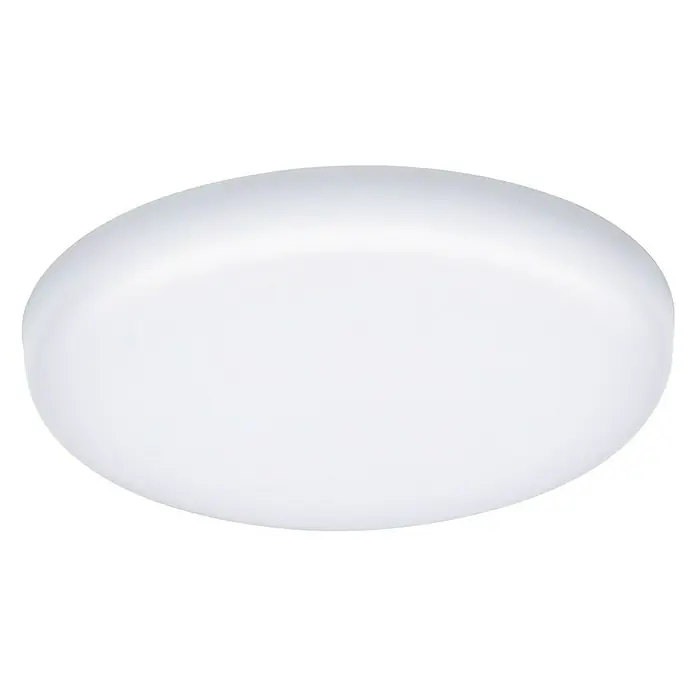 Paulmann LED-Panel rund Veluna VariFit - 4,5 W, Ø x H: 7,5 x 3,1 cm, Satin, Neutralweiß, 4.000 K - Eine weiße, runde LED-Deckenleuchte vor einem schwarzen Hintergrund. Sorgt für eine helle und gleichmäßige Ausleuchtung des Raumes.