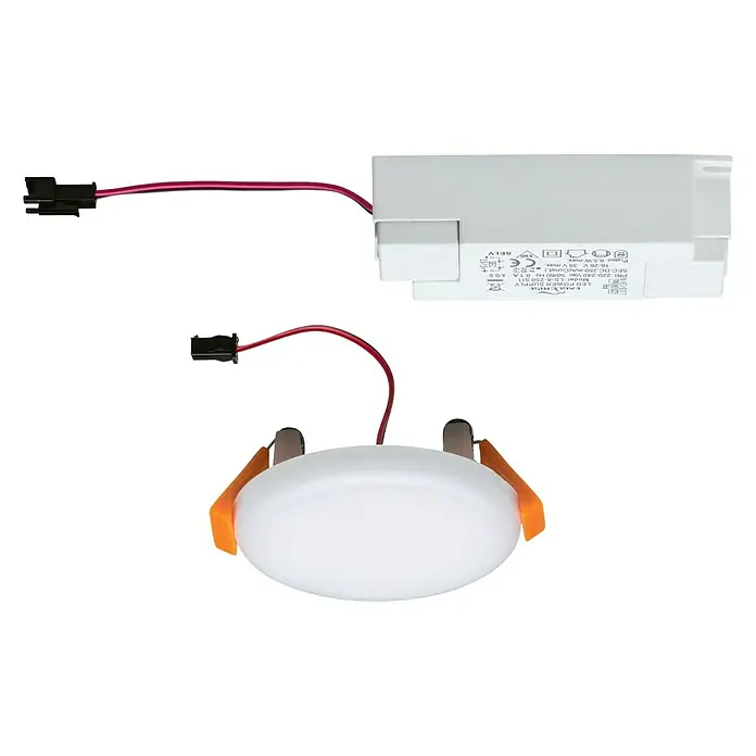 Paulmann LED-Panel rund Veluna VariFit - 4,5 W, Ø x H: 7,5 x 3,1 cm, Satin, Neutralweiß, 4.000 K - Weiße LED-Einbauleuchte mit Transformator und orangen Befestigungsclips für Deckenmontage.