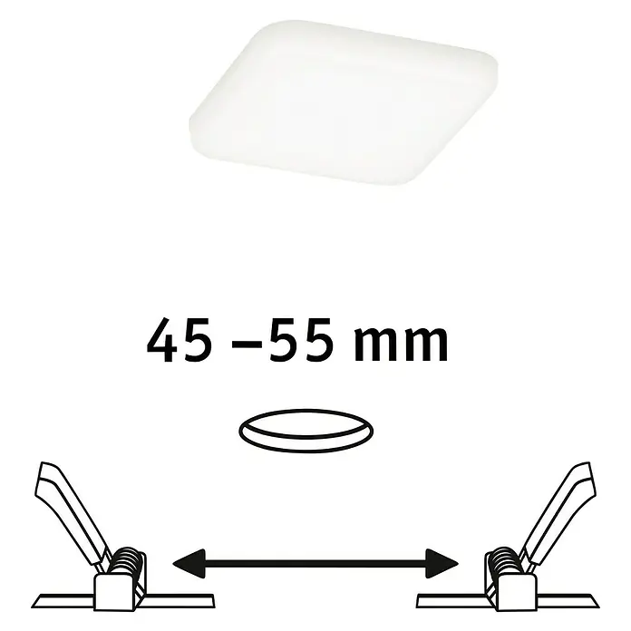 Paulmann LED-Panel Veluna VariFit - 4,5 W, L x B x H: 7,5 x 7,5 x 3,1 cm, Satin, Neutralweiß, 4.000 K - Produktbild der eckigen LED Deckenleuchte mit den Abmessungen und Halterungen zur Befestigung.