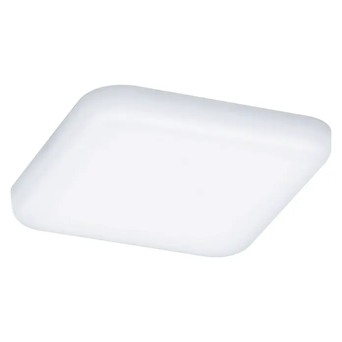 Paulmann LED-Panel Veluna VariFit - 4,5 W, L x B x H: 7,5 x 7,5 x 3,1 cm, Satin, Warmweiß, 3.000 K - Nahaufnahme einer quadratischen, weißen Deckenleuchte mit abgerundeten Ecken vor einem schwarzen Hintergrund.