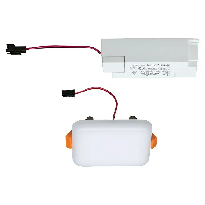 Paulmann LED-Panel Veluna VariFit - 4,5 W, L x B x H: 7,5 x 7,5 x 3,1 cm, Satin, Warmweiß, 3.000 K - Nahaufnahme einer LED-Leuchte mit separatem Treiber, die für moderne Beleuchtungslösungen entwickelt wurde.