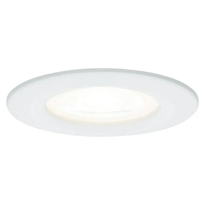 Paulmann LED-Einbauleuchte Nova - 6,5 W, Weiß, Warmweiß, 3 Stk. - Eine Nahaufnahme einer LED-Deckenleuchte mit flachem, rundem Design und weißem Finish, die ein helles, angenehmes Licht ausstrahlt.
