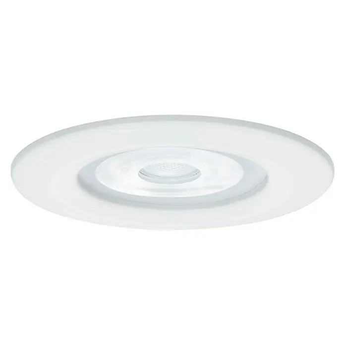 Paulmann Downlight LED empotrable Nova - 6,5 W, Blanco, Blanco cálido, 3 ud. - Primer plano de una lámpara de techo blanca redonda con iluminación LED empotrada y un diseño elegante y moderno.