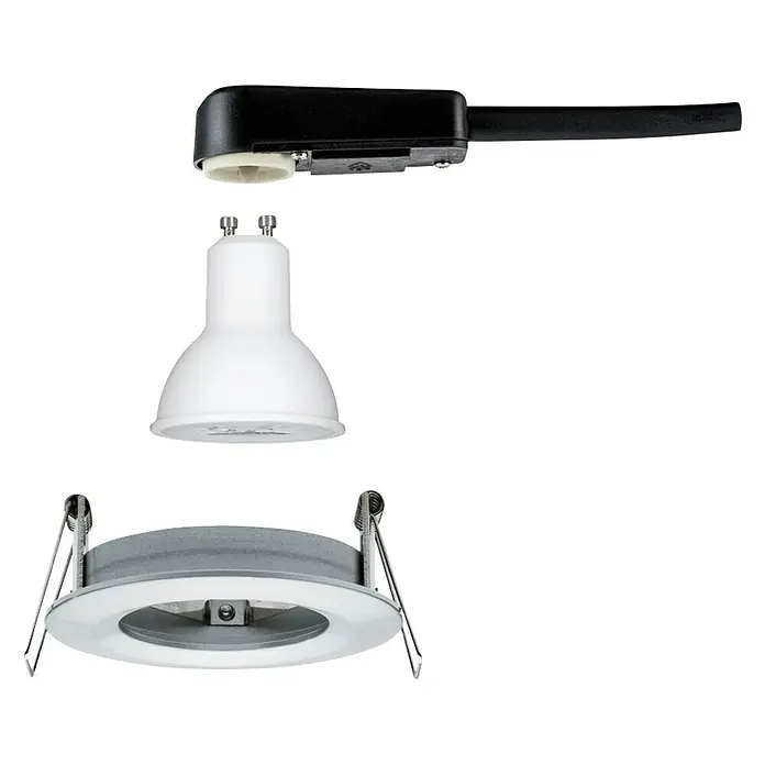 Paulmann LED-Einbauleuchte Nova rund - 6,5 W, Aluminium, Warmweiß, 1 Stk., Einbautiefe: 75 mm - Downlight-Komponenten: Schwarze Halterung, weiße Lampenfassung und silberner Rahmen mit Federn. Einzelteile eines LED-Deckenspots im Detail.