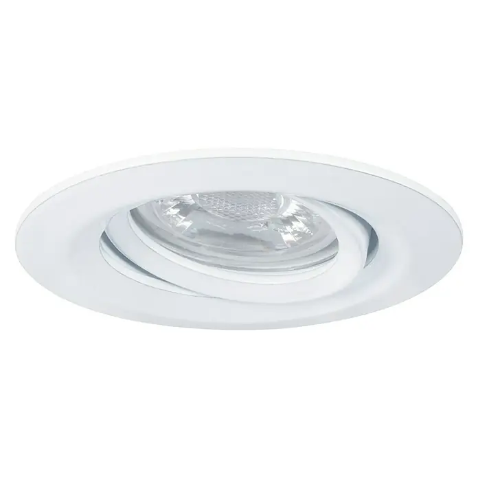 Paulmann LED-Einbauleuchte rund Nova Mini - 4 W, Weiß, Warmweiß - Nahaufnahme eines weißen, runden LED-Deckenspots. Er ist schwenkbar und sorgt für eine flexible Beleuchtung in jedem Raum.