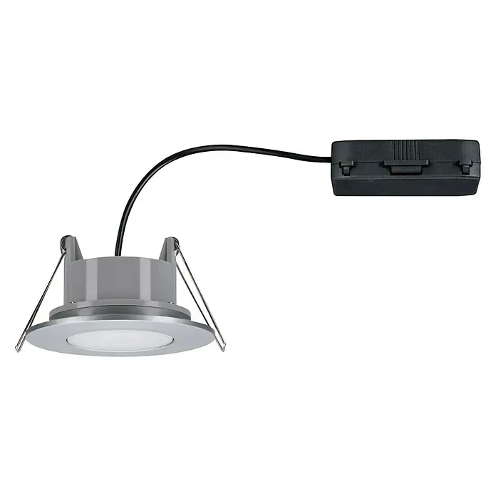Paulmann Downlight LED empotrable Calla - Blanco neutro, 1 ud., IP65, Diámetro: 90 mm, Cromo - Luz empotrable con accesorio plateado y transformador negro con cable sobre fondo negro. Ideal para espacios modernos.