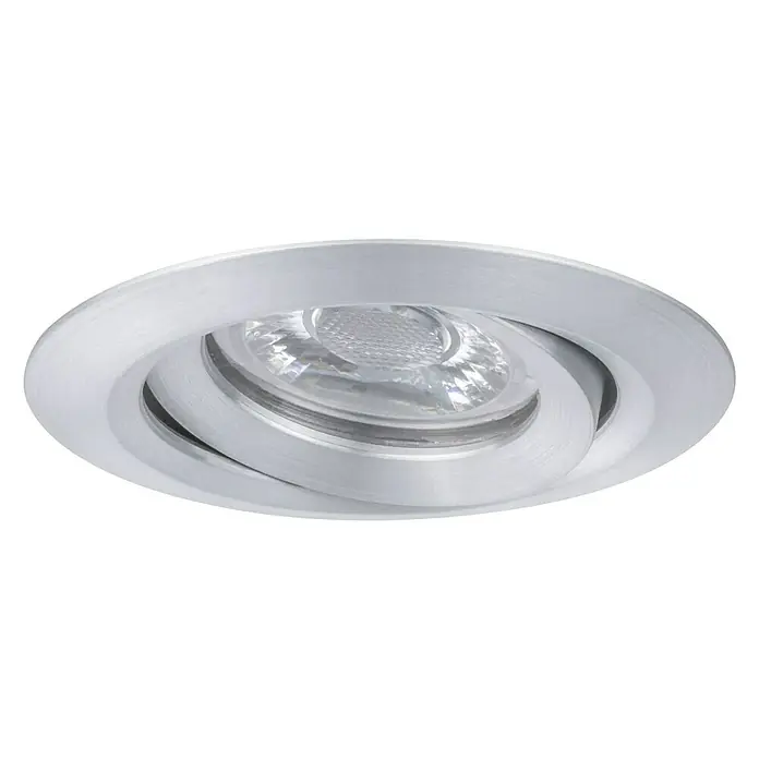 Paulmann LED-Einbauleuchten-Set Nova Mini - 4 W, Aluminium, 1 Stk., Warmweiß - Nahaufnahme einer runden, dimmbaren LED-Deckenleuchte in Silber mit verstellbarem Spot auf schwarzem Hintergrund.