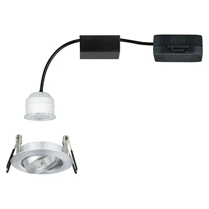 Paulmann LED-Einbauleuchten-Set Nova Mini - 4 W, Aluminium, 1 Stk., Warmweiß - Nahaufnahme eines versenkten LED-Downlights mit silberner Blende, weißem Sockel und schwarzen Anschlusskästen auf schwarzem Hintergrund.
