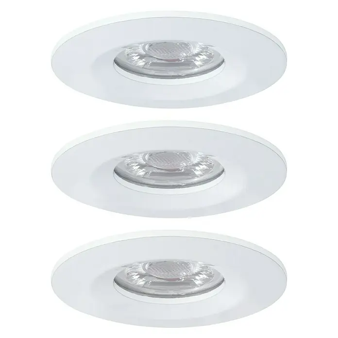 Paulmann LED-Einbauleuchten-Set Nova Mini - 12 W, Weiß, 3 Stk., Warmweiß - Drei runde, weiße LED-Deckeneinbauleuchten mit klaren Linsen auf einem schwarzen Hintergrund.