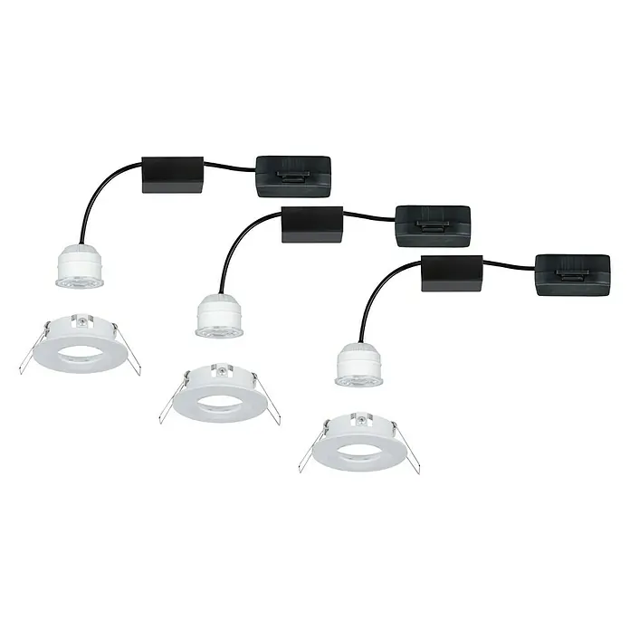 Paulmann LED-Einbauleuchten-Set Nova Mini - 12 W, Weiß, 3 Stk., Warmweiß - Bild einer LED-Einbaustrahler-Serie mit weißem Gehäuse und schwarzen Verbindungselementen.