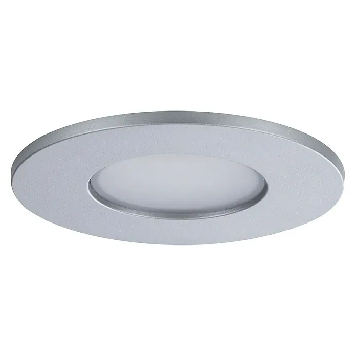 Paulmann Downlight LED empotrable Calla - 18 W, Cromo, IP65, 3 ud. - Primer plano de una lámpara de techo LED redonda con borde plateado y difusor blanco sobre un fondo negro.