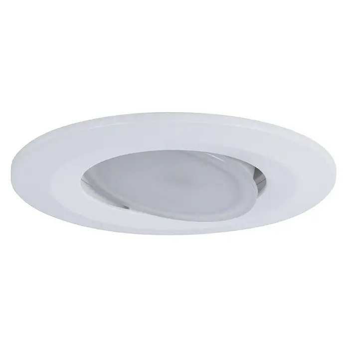 Paulmann Downlight LED empotrable Calla - Blanco neutro, 3 ud., IP65, Diámetro: 90 mm, Blanco - Primer plano de un foco empotrable LED blanco con un área de luz redonda y difusa. Ideal para interiores modernos.