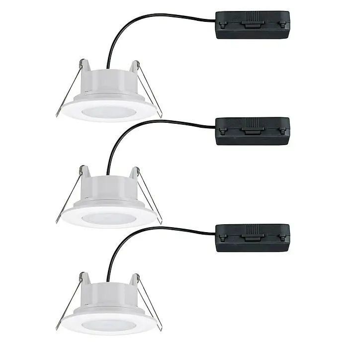 Paulmann LED-Einbauleuchte Calla - Neutralweiß, 3 Stk., IP65, Durchmesser: 90 mm, Weiß - Das Bild zeigt eine Nahaufnahme von drei LED-Einbaustrahlern mit dazugehörigen Treibern, die für moderne Beleuchtungslösungen konzipiert sind.