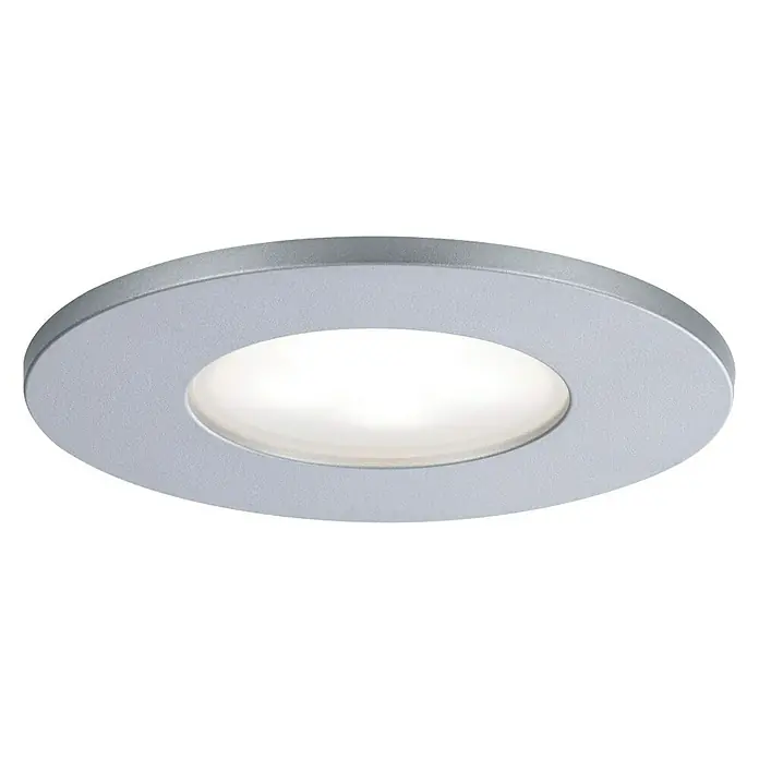 Paulmann LED-Einbauleuchte Calla - 18 W, Chrom, IP65, 3 Stk. - Nahaufnahme einer runden, eingelassenen LED-Leuchte mit silbernem Rand und hellem, weißem Licht. Ideal für moderne Innenräume.