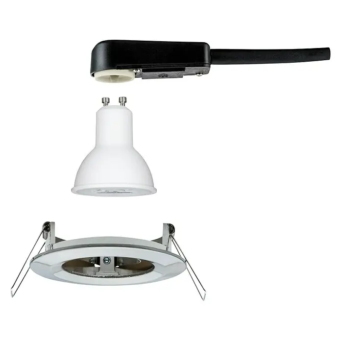 Paulmann LED-Einbauleuchte Nova - 6,5 W, Eisen gebürstet, Warmweiß, 1 Stk., Einbautiefe: 75 mm - Explosionsansicht einer LED-Lampe mit Schienenadapter. Das Leuchtmittel mit Lampenfassung und Einbaurahmen werden getrennt gezeigt.
