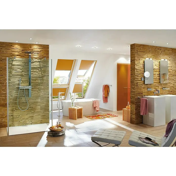 Paulmann LED-Einbauleuchte Nova - 19,5 W, Aluminium, Warmweiß, 3 Stk., Einbautiefe: 75 mm - Ein modernes Badezimmer mit ebenerdiger Dusche, freistehender Badewanne und Dachfenstern, die viel Tageslicht hereinlassen. Die Holzverkleidung sorgt für Wärme.