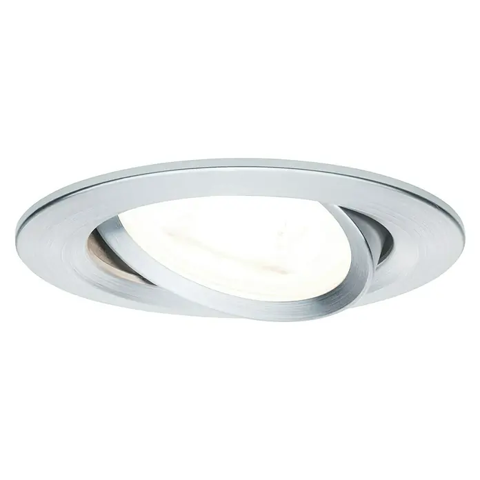 Paulmann LED-Einbauleuchte Nova - 6,5 W, Aluminium, Warmweiß, 3 Stk. - Nahaufnahme einer runden, schwenkbaren LED-Einbauleuchte mit silbernem Rahmen und warmweißem Licht für eine moderne Beleuchtung.