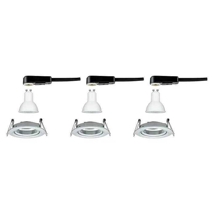 Paulmann LED-Einbauleuchte Nova - 6,5 W, Aluminium, Warmweiß, 3 Stk. - Auf dem Bild sind drei schwarze Stromschienenstrahler mit weißen Lampen und runden, chromfarbenen Rahmen vor einem schwarzen Hintergrund zu sehen.