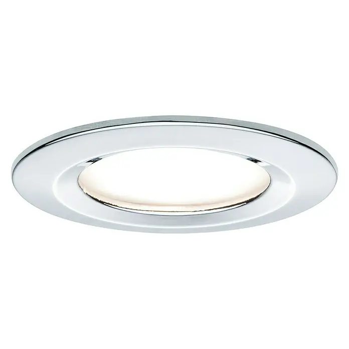 Paulmann LED-Einbauleuchte Nova feststehend - 6,5 W, Chrom, Warmweiß - Nahaufnahme einer runden LED-Deckenleuchte mit Chromfassung, die ein warmes, einladendes Licht ausstrahlt.