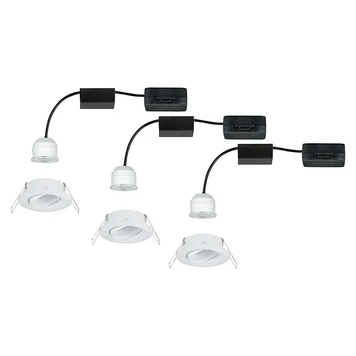 Paulmann LED-Einbauleuchten-Set Nova Mini - 12 W, Weiß, 3 Stk., Warmweiß, Leuchtenkopf beweglich - Die Abbildung zeigt ein LED-Einbauleuchten-Set mit drei weißen Lampenköpfen, schwarzen Verbindungskästen und flexiblen Anschlusskabeln für die Deckenmontage.