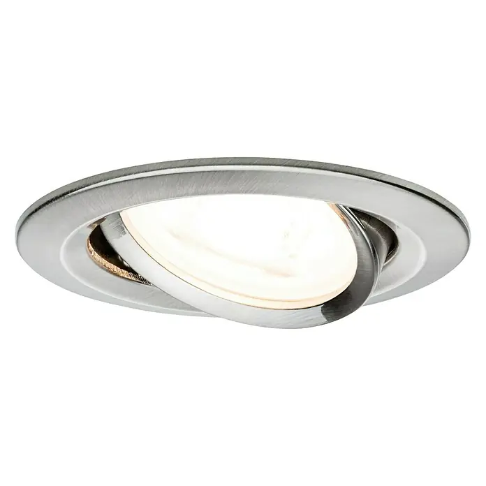 Paulmann LED-Einbauleuchte Nova - 19,5 W, Eisen gebürstet, Warmweiß, Einbautiefe: 90 mm - Naheaufnahme einer runden, modernen Deckeneinbauleuchte mit gebürstetem Metalleffekt und warmem Lichtschein.