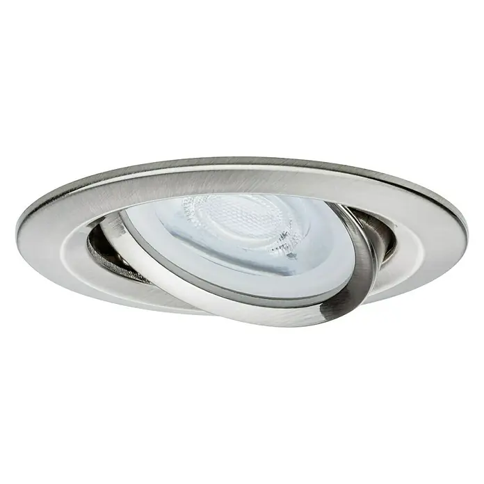 Paulmann Downlight LED empotrable Nova - 19,5 W, Hierro cepillado, Blanco cálido, Profundidad de montaje: 90 mm - Primer plano de un foco LED empotrable ajustable con marco de metal cepillado y una bombilla LED brillante sobre un fondo negro.