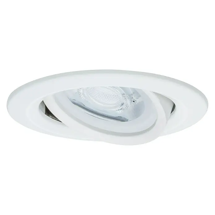 Paulmann LED-Einbauleuchte Nova - 6,5 W, Warmweiß, 3 Stk. - Nahaufnahme einer weißen, runden Einbauleuchte mit schwenkbarem Spot und klarem Leuchtmittel vor schwarzem Hintergrund.