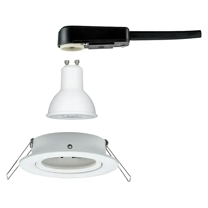 Paulmann LED-Einbauleuchte Nova - 6,5 W, Warmweiß, Leuchtenkopf beweglich - Nahaufnahme einer zerlegten Einbaulampe mit Fassung, Leuchtmittel und Rahmen vor schwarzem Hintergrund.