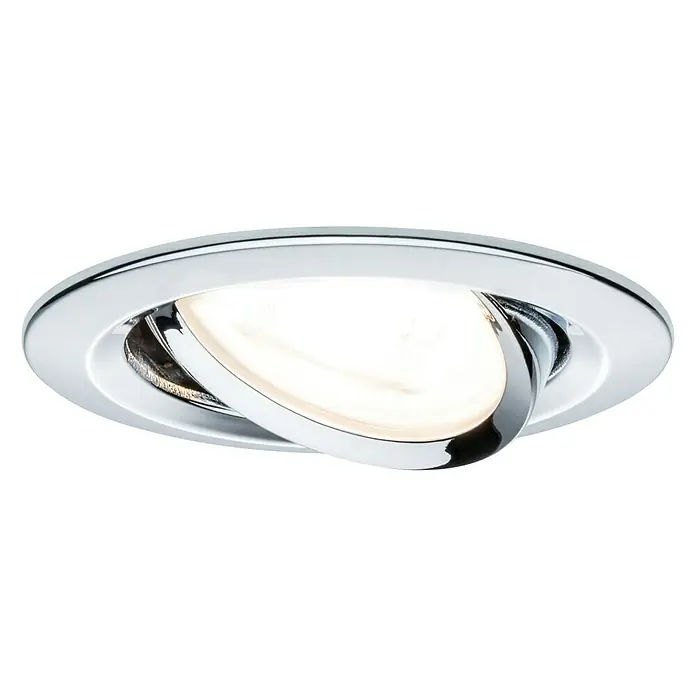 Paulmann LED-Einbauleuchte Nova - 6,5 W, Chrom, Warmweiß - Nahaufnahme einer verstellbaren, runden Chrom-Einbauleuchte, die ein helles, warmes Licht ausstrahlt und sich ideal für moderne Innenräume eignet.