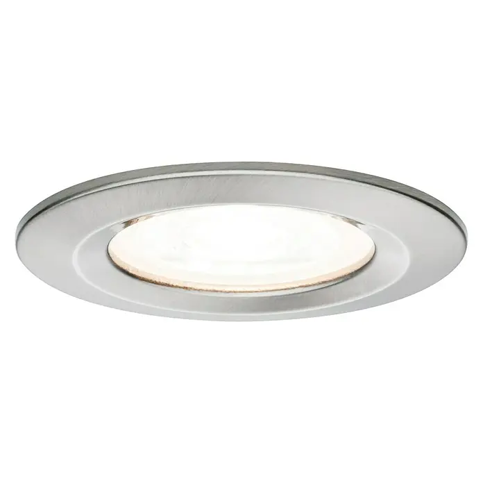 Paulmann LED-Einbauleuchte Nova - 6,5 W, Eisen gebürstet, Warmweiß, 3 Stk., Einbautiefe: 75 mm - Nahaufnahme einer runden, eingelassenen LED-Leuchte mit gebürstetem Metallrahmen und warmweißem Licht.