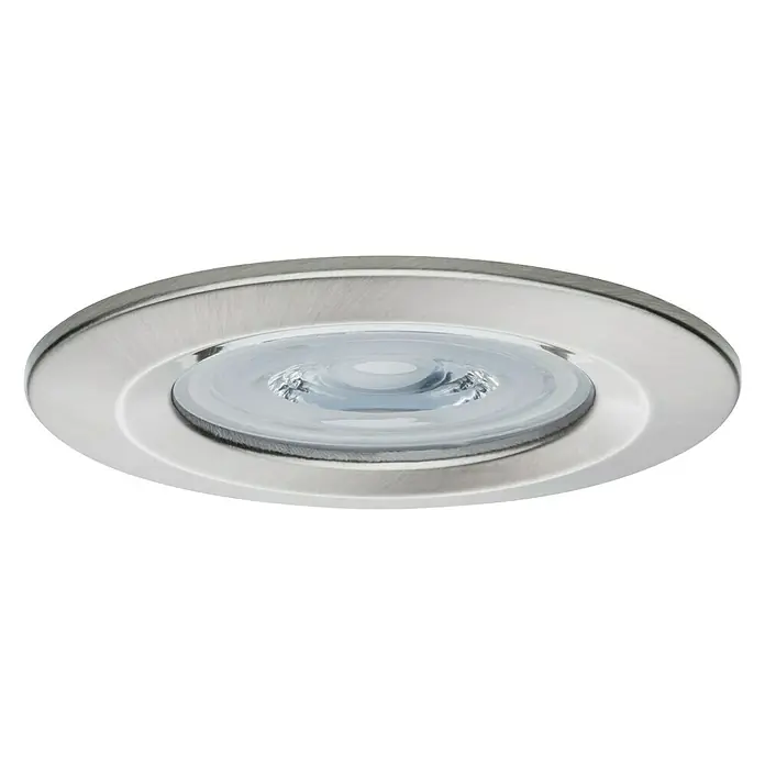 Paulmann Downlight LED empotrable Nova - 6,5 W, Hierro cepillado, Blanco cálido, 3 ud., Profundidad de montaje: 75 mm - Primer plano de una lámpara LED empotrable redonda con marco de metal cepillado y vidrio difuso, ideal para interiores modernos.