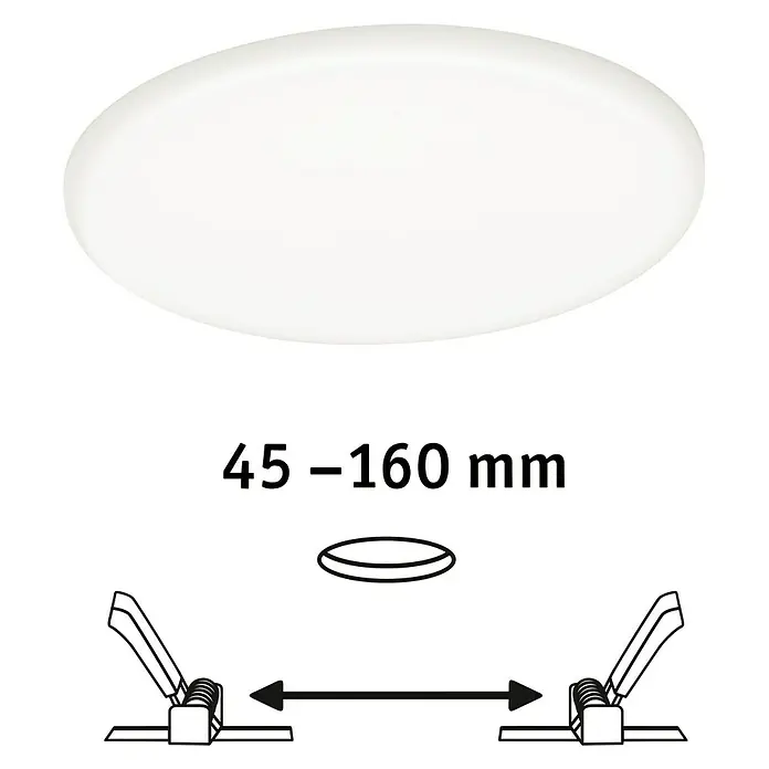 Paulmann LED-Panel rund Veluna VariFit - 17,5 W, Ø x H: 18,5 x 3,1 cm, Satin, Neutralweiß, 4.000 K - Nahaufnahme einer runden, weißen Deckenleuchte mit Montageanleitung, die eine variable Lochgröße von 45-160 mm zeigt.
