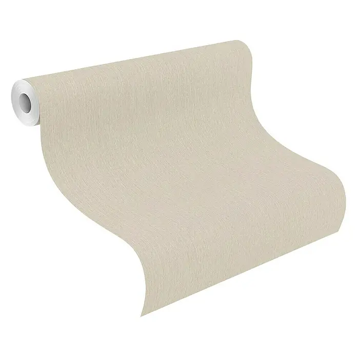 Rasch BARBARA Home Collection II Vliestapete - Dunkelbeige, Uni, 10,05 x 0,53 m - Nahaufnahme einer Rolle Vliestapete in einer sanften, neutralen Farbe, ideal für moderne Wohnräume mit Textur.