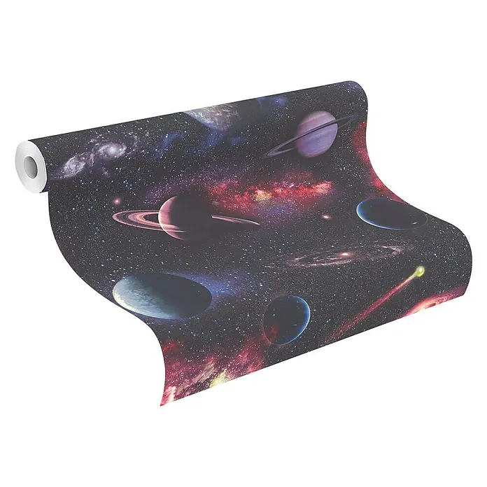 Rasch Kids & Teens III Vliestapete Weltall - Violett/Rot, Sonstiges, 10,05 x 0,53 m - Rollen-Tapete mit Weltraum-Design, die ferne Galaxien und Planeten mit leuchtenden Ringen und Sternennebeln zeigt, perfekt für ein thematisches Interieur.