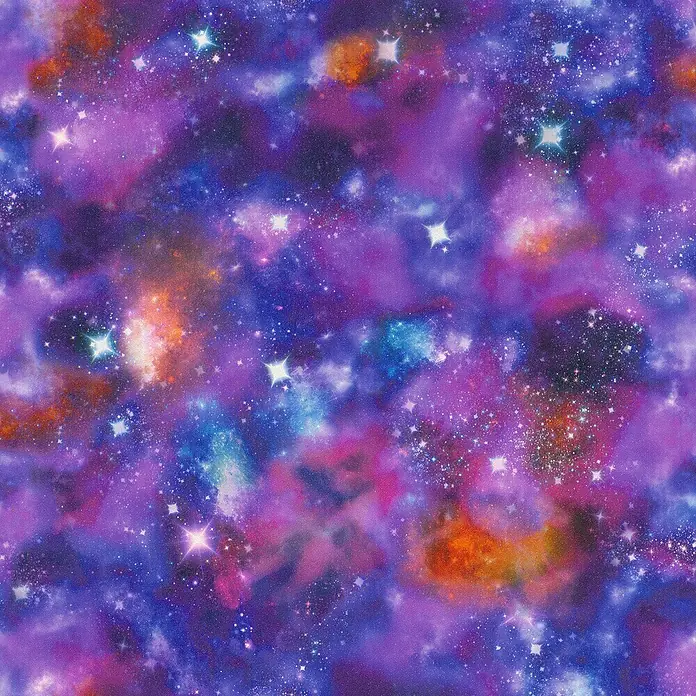 Rasch Kids & Teens III Papiertapete Universum - Bunt, Grafisch, 10,05 x 0,53 m - Ein faszinierendes Stoffmuster, das einen violetten Weltraumhintergrund mit Sternen und Galaxien simuliert. Perfekt für kreative Projekte.