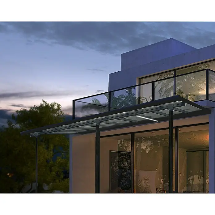 Terrassenüberdachung Tuscany LED - B x T: 425 x 300 cm, Anthrazitgrau, Polycarbonat, Transparent - Moderne Terrassenüberdachung mit Glasdach und schlanken Stützen, die Schutz und stilvolles Design vereint. Ideal für gemütliche Stunden im Freien.
