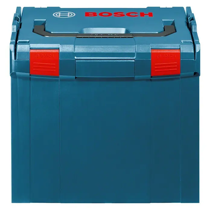 Bosch Professional Systemkoffer L-Boxx 374 - L x B x H: 357 x 442 x 389 mm, ABS - Blaue Bosch Werkzeugkiste mit rotem Bosch-Logo und Griff für den Transport von Werkzeugen und Zubehör.