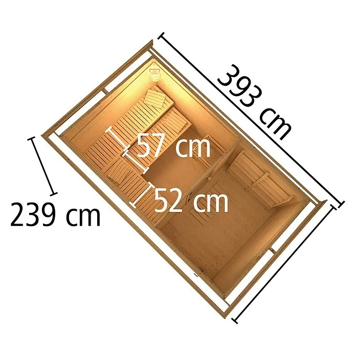 Karibu Saunahaus Suva 3 - Ohne Ofen, Natur, L x B x H: 391 x 231 x 239 cm - Draufsicht einer Holzsauna mit Bänken, die mit den Maßen 157 cm und 152 cm beschriftet sind, die die Größe der Saunakabine verdeutlichen.