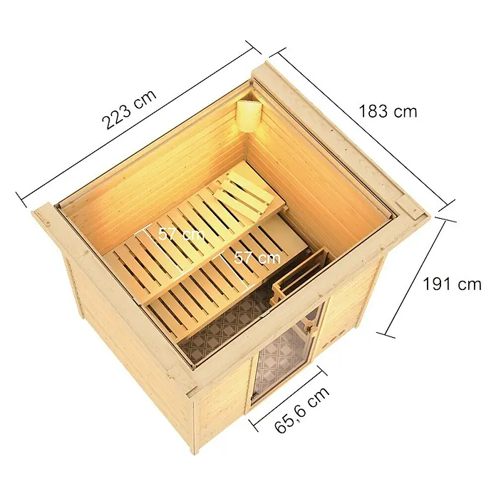 Karibu Massivholzsauna Adelina - L x B x H: 183 x 223 x 191 cm, Ohne Ofen - Innenansicht einer Holzsauna mit Bänken und Maßen für Planung und Installation.