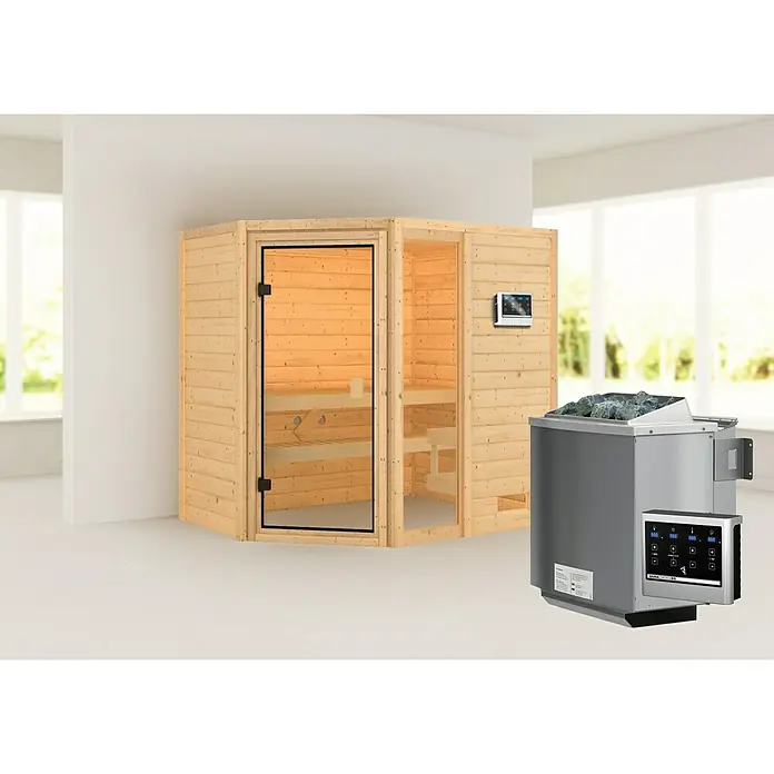 Karibu Massivholzsauna Jada - L x B x H: 146 x 196 x 187 cm, Mit 9 kW Bio-Ofen mit externer Steuerung, Ohne Dachkranz - Eine moderne Sauna mit Holzwänden und Glastür, ergänzt durch einen Ofen mit Steinen und digitalem Bedienfeld.