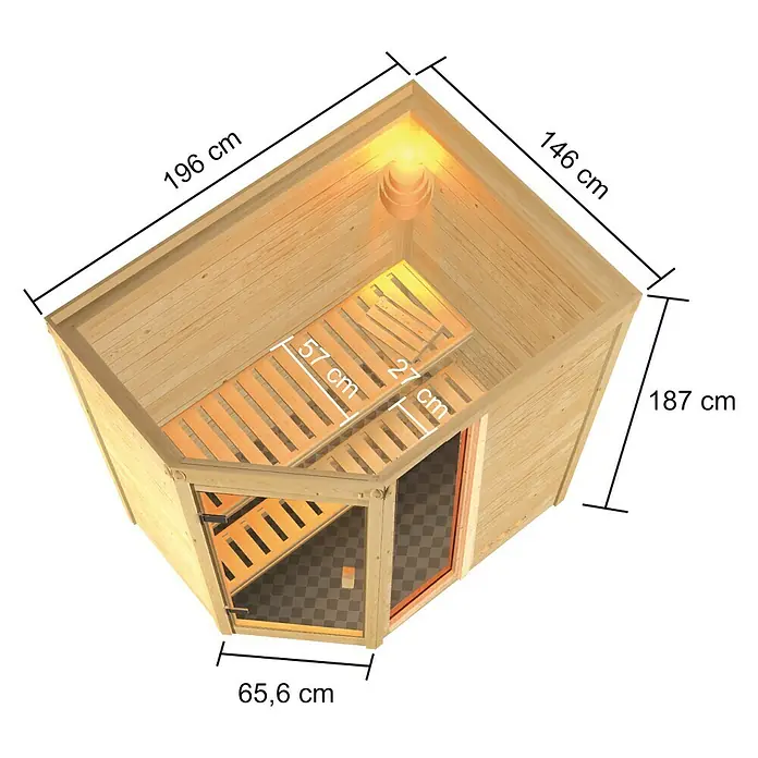 Karibu Massivholzsauna Jada - L x B x H: 146 x 196 x 187 cm, Mit 9 kW Bio-Ofen mit externer Steuerung, Ohne Dachkranz - Blick in eine Sauna aus Holz mit Bänken und Maßen. Die Sauna hat eine Tür mit Fenster und ist mit einer Lampe ausgestattet.