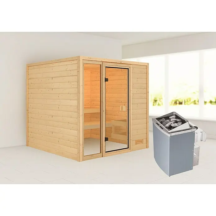 Karibu Massivholzsauna Jutta - L x B x H: 196 x 196 x 187 cm, Mit 9 kW Ofen mit integrierter Steuerung, Ohne Dachkranz - Saunakabine aus Holz mit Glastür und grauem Saunaofen mit Steinen für ein entspannendes Saunaerlebnis.