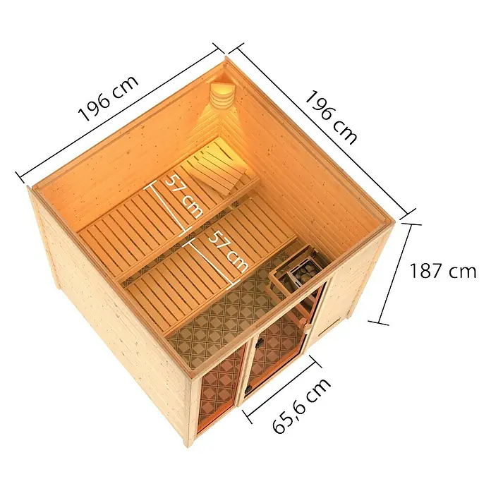 Karibu Massivholzsauna Jutta - L x B x H: 196 x 196 x 187 cm, Mit 9 kW Ofen mit integrierter Steuerung, Ohne Dachkranz - Perspektivische Ansicht einer Sauna mit Holzbänken und Glasfront, die ein entspannendes Wellnesserlebnis verspricht.
