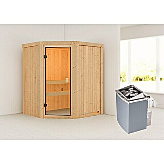 Karibu Elementsauna Faurin (Mit 4,5 kW Saunaofen mit integrierter Steuerung, Ohne Dachkranz, Material Tür: Ganzglas Bronze, 151 x 170 x 198 cm)